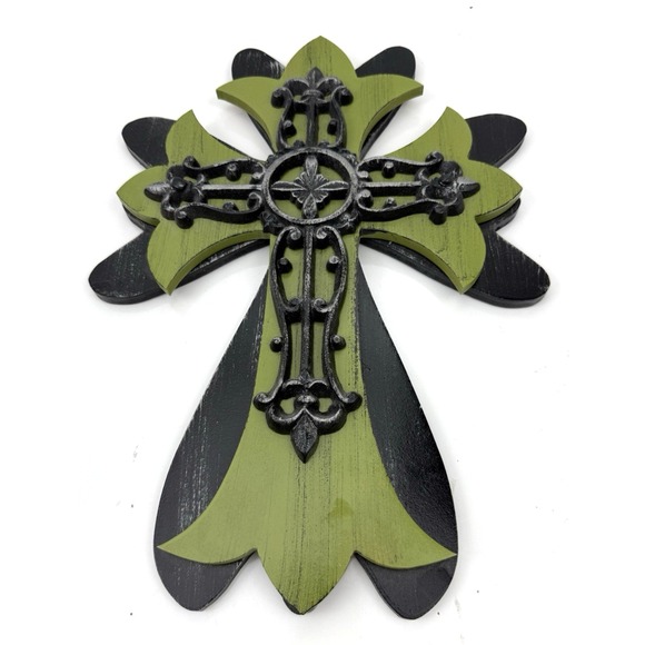 Other - Rustic Wooden Cross with Metal Fleur De Lis Cross Overlay 16" Wall Decor
